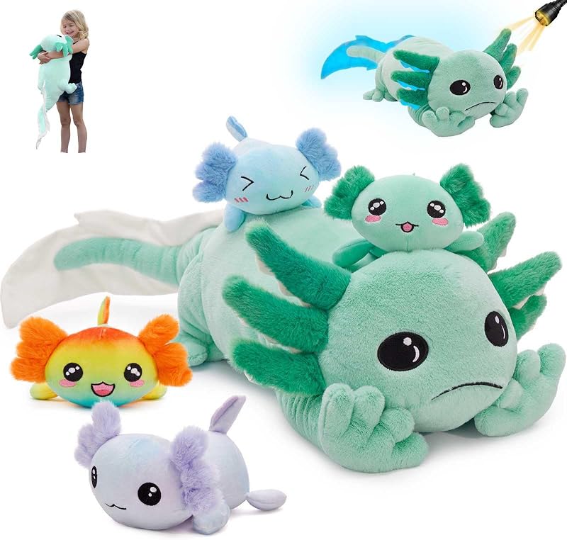 MaoGoLan 31.5" Giant Axolotl Plush Stuffed Animal with 4 Babies, Green | Axolotl with Babies, Glow in The Dark Plush Pillow for Girl Boy Kid, Salamander Stuffy, Birthday Gift baby shower decor