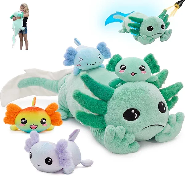 MaoGoLan 5 Pcs Axolotl Plush Stuffed Animal with 4 Babies Inside, 31.5" Glow Mommy Axolotl Plush Pillow for Girls, Soft Long Salamander Plushies for Birthday Gifts, Green