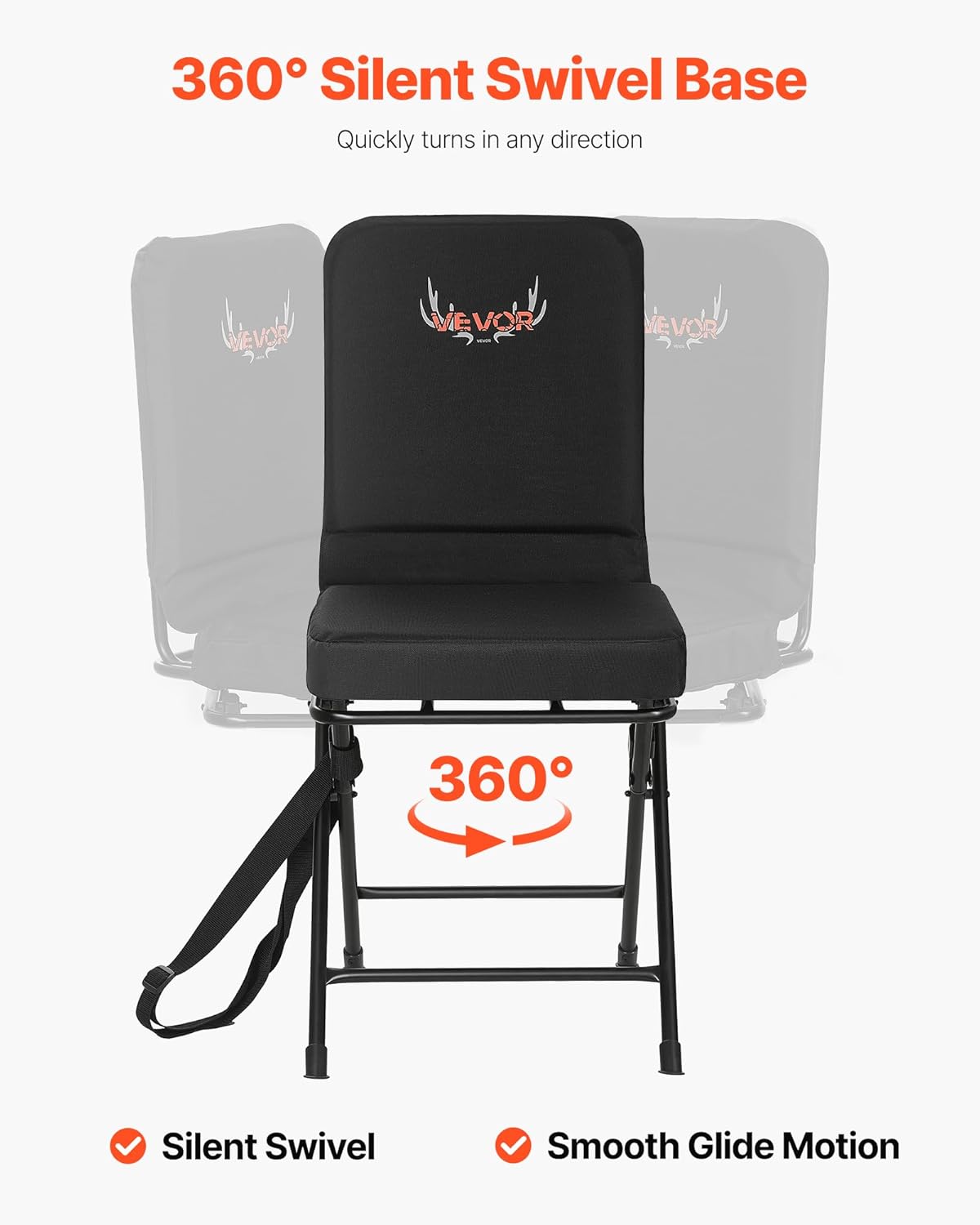 VEVOR Hunting Chair, 360° Silent Swivel, Foldable Lightweight Portable Blind Chair, Heavy-Duty Steel Frame Ground Stool Seat, with Adjustable Shoulder Strap, 300 Lbs Capacity for Fishing, Camping