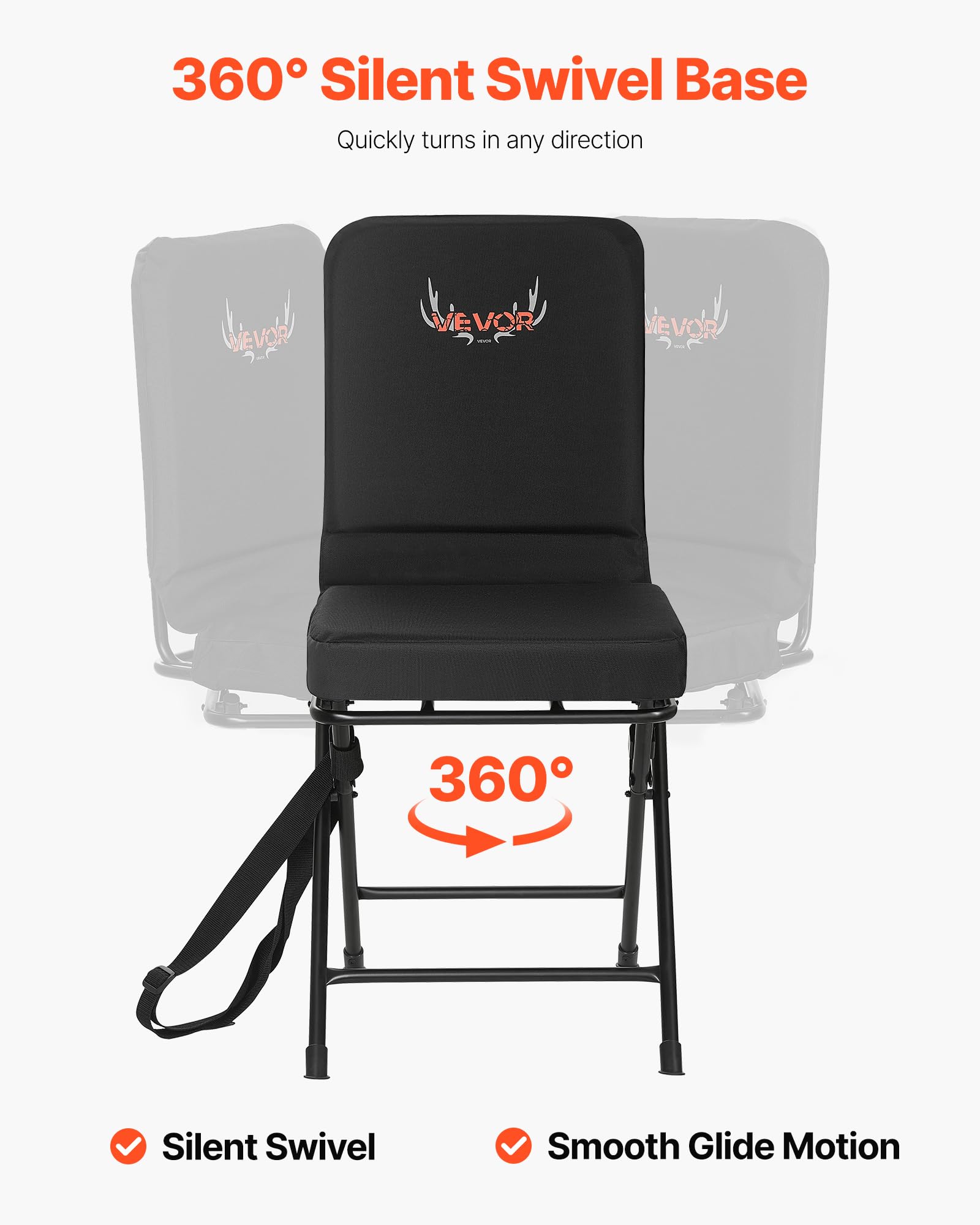 VEVOR Chaise de Chasse Pivotante à 360°, Siège de Chasse Pliable, Portable et Silencieux, Cadre en Acier Robuste avec Bandoulière Réglable, Capacité de Charge de 136 kg, pour Pêche et Camping