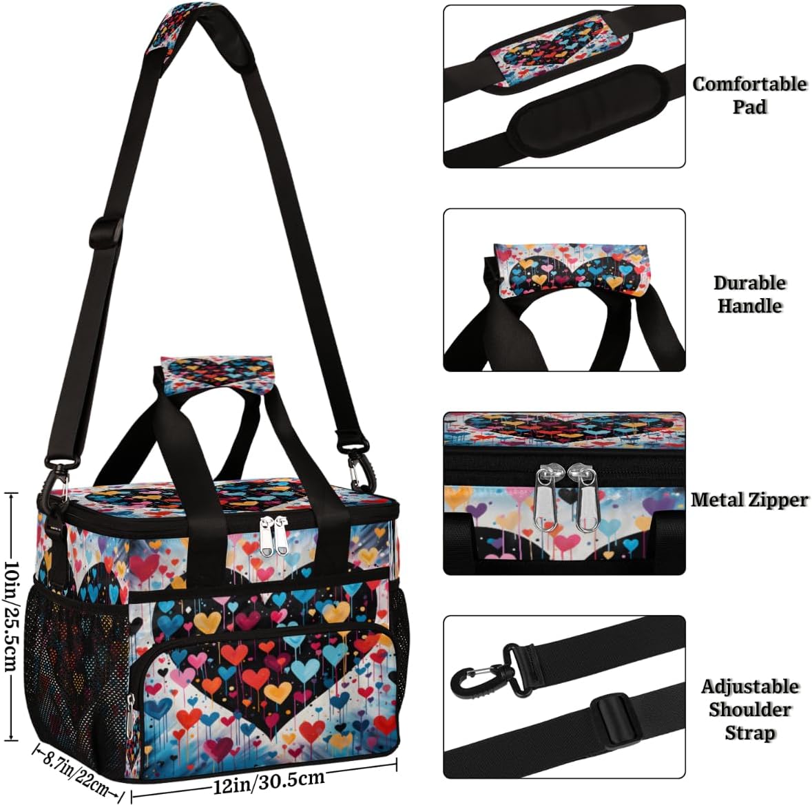 Colorful Insulated Picnic Backpack Lunch Box for Women Men Picnic Basket Tote Lunch Bag Picnic Bag Portable Lunch Bags for Picnic, Beach, Work, Trip,Office, Camp Pinks Blue Hearts