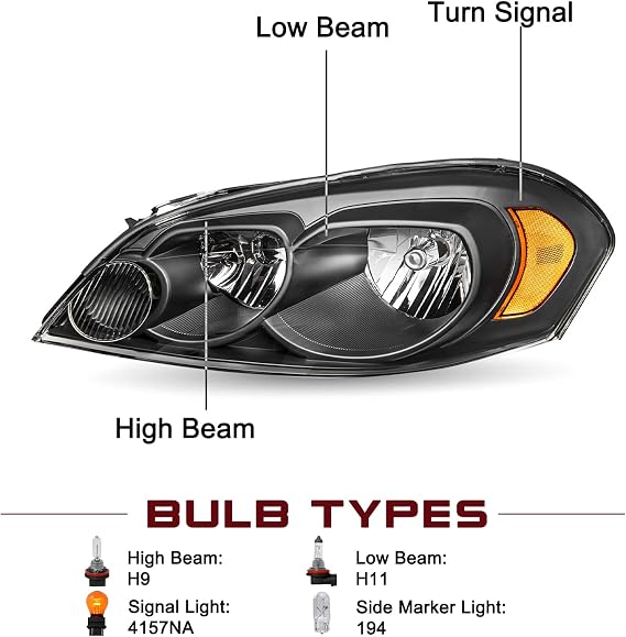 JSBOYAT Blackout Headlight Assembly Fit for 2006-2013 Chevy Impala | 2006-2007 Chevy Monte Carlo / 2014-2016 Chevy Impala Limited Driver and Passenger Side Black & Reflector