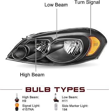 JSBOYAT Blackout Headlight Assembly Fit for 2006-2013 Chevy Impala | 2006-2007 Chevy Monte Carlo / 2014-2016 Chevy Impala Limited Driver and Passenger Side Black & Reflector