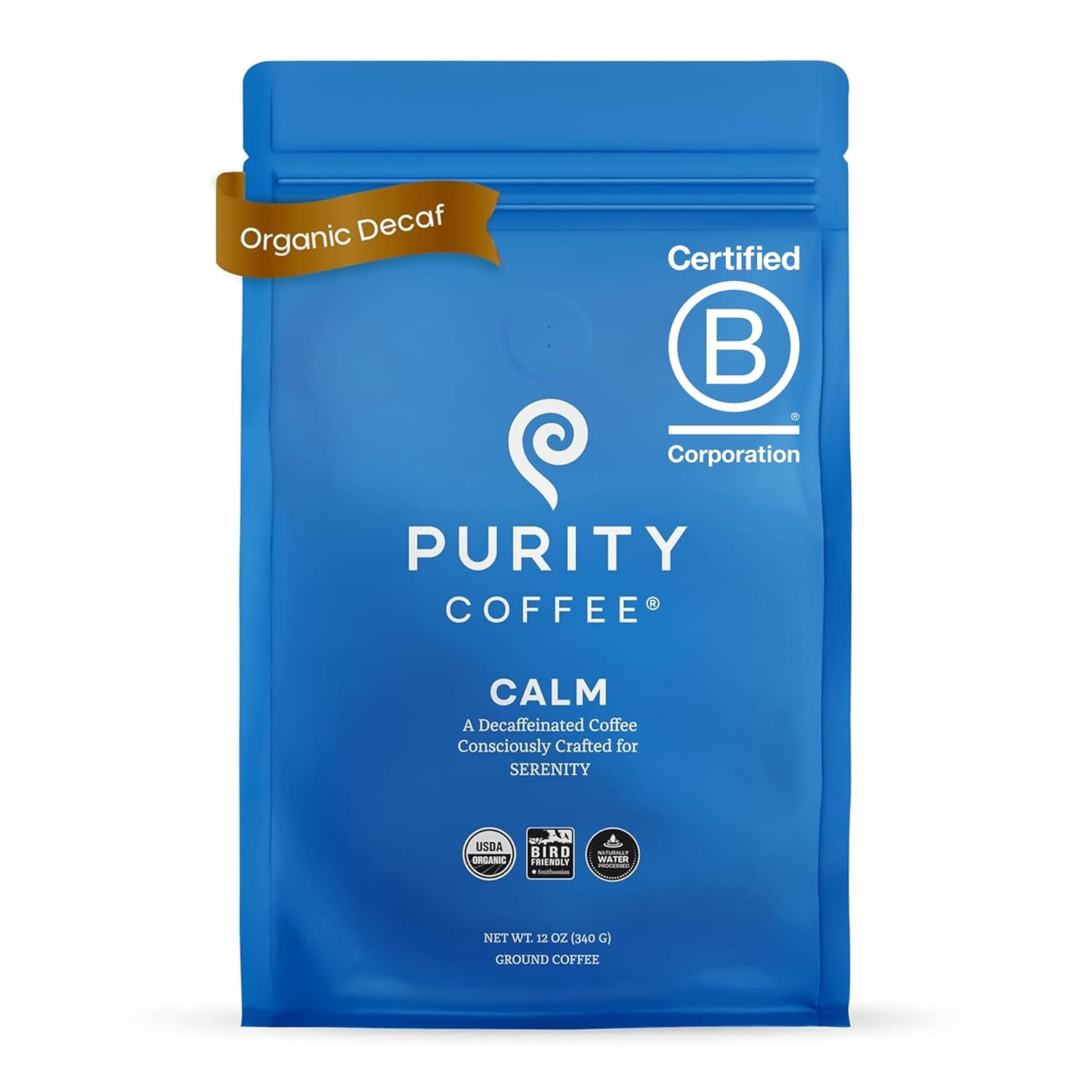 Purity Coffee CALM Decaf Ground Coffee – Natural Water Decaffeinated Coffee – USDA Organic and Third-Party Tested for Antioxidants, Mold, Mycotoxins and Pesticides – 12oz
