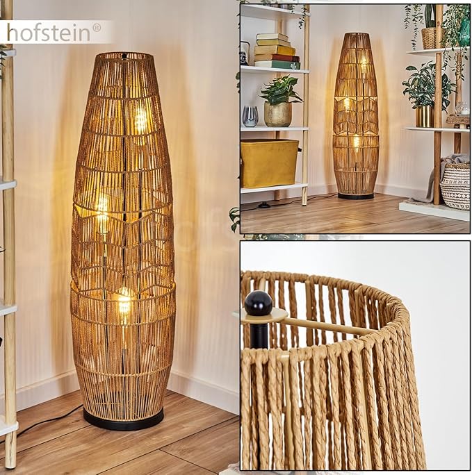 hofstein Karby vloerlamp, vloerlamp van metaal/touw in de kleuren zwart/bruin/goud, boho design armatuur met raster-look kap (Ø 30 cm), hoogte 105 cm, aan/uit schakelaar op het snoer, 3 x E27, zonder gloeilamp photo 2