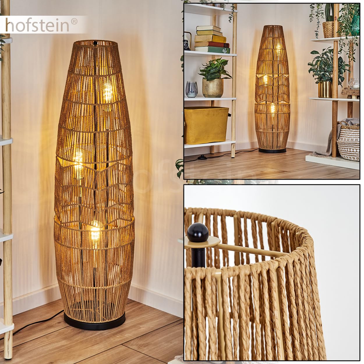 Lámpara de pie Karby, de metal/cuerda en negro/marrón/dorado, diseño boho con pantalla de rejilla (Ø 30 cm), altura 105 cm, interruptor de encendido/apagado en el cable, 3 x E27, sin bombilla