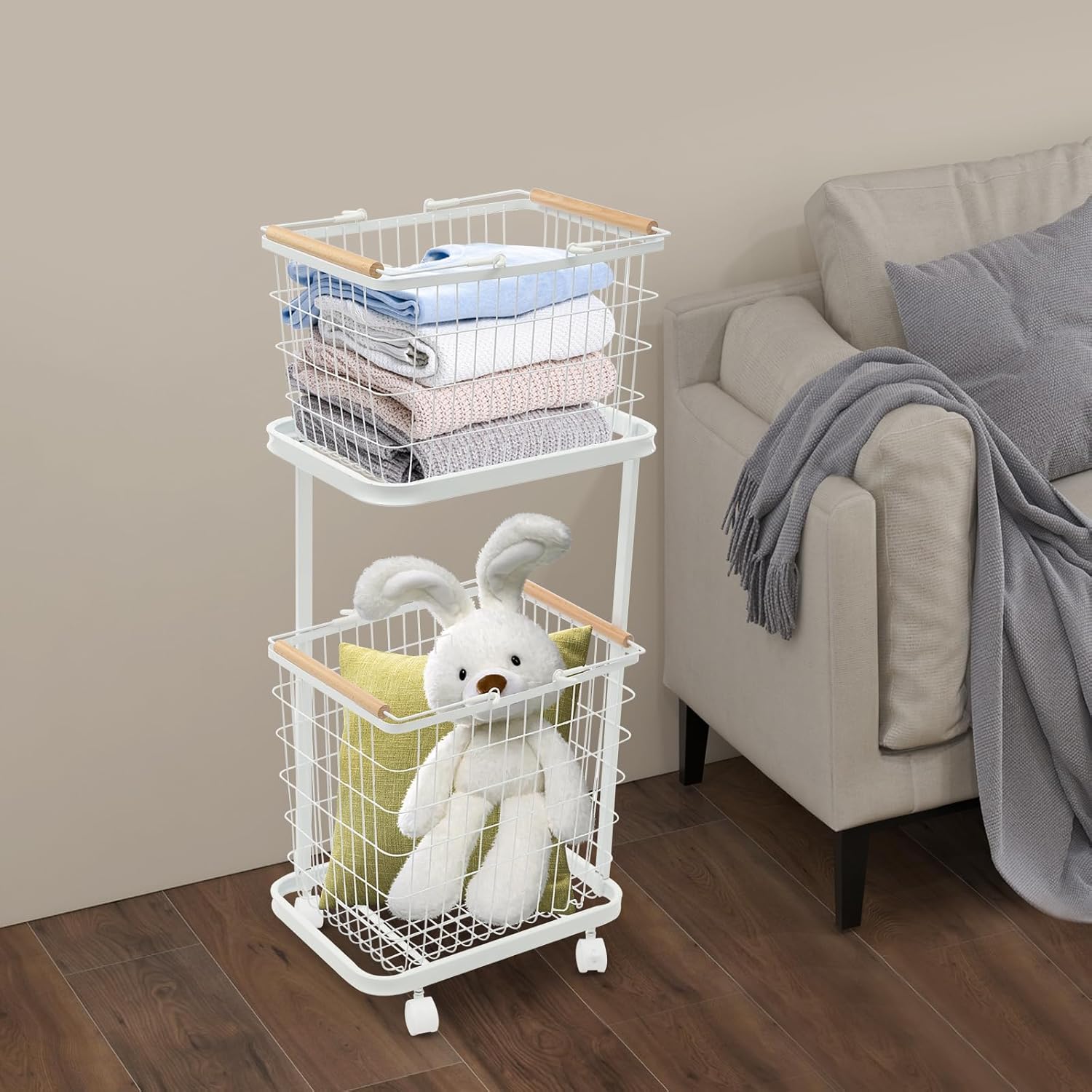 2 Tier Laundry Hamper with Wheels, Large Capacity (88 lbs) Rolling Hampers, 2 Removable Mesh Baskets for Clothes Sorting, White Modern Organizer for Bedrooms, Bathrooms