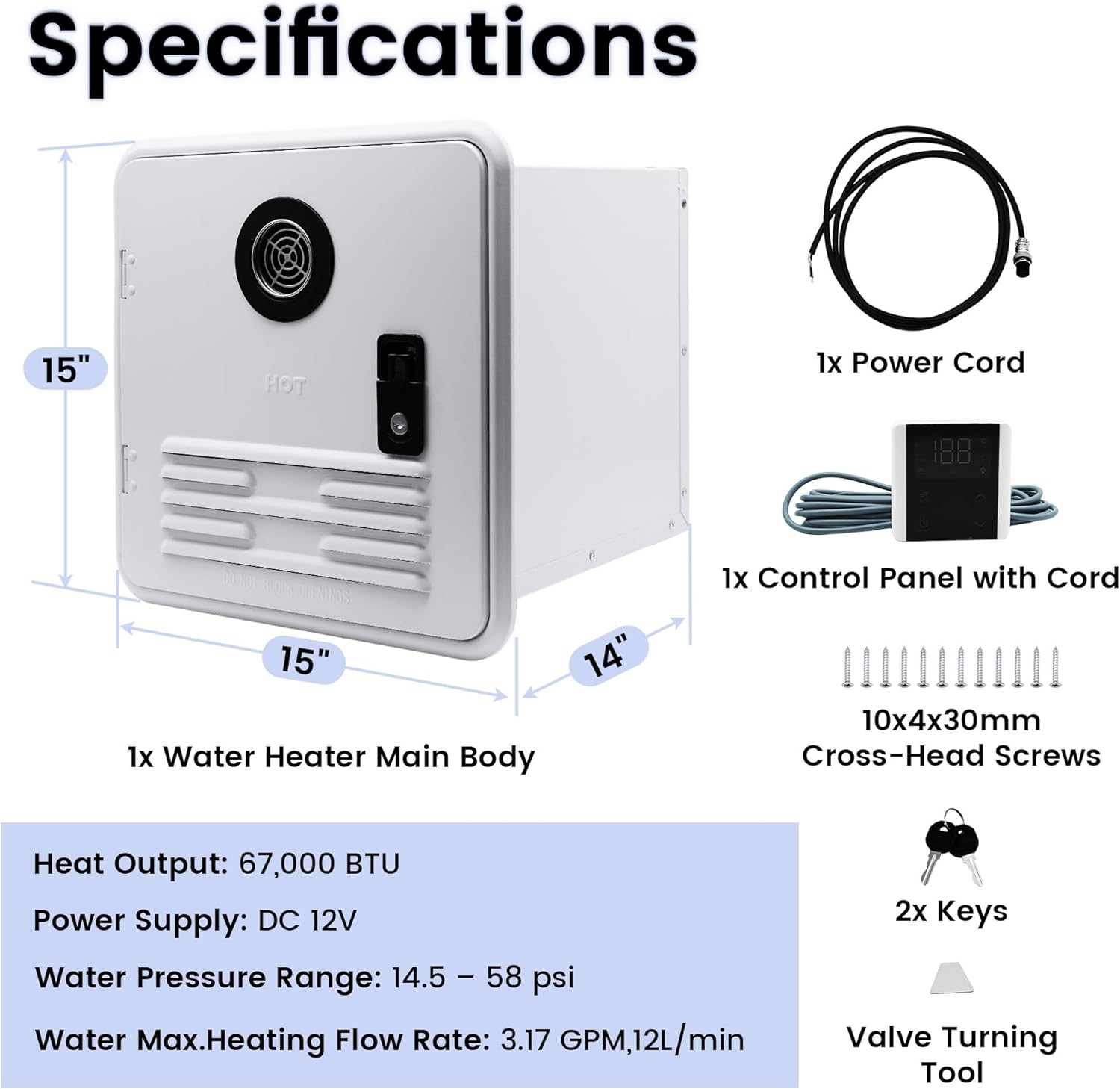 Tankless RV Water Heater, 67000BTU Instant Hot Water System, 15x15 Inch White Door, Compatible with Most RVs for Shower, Dishwashing & Outdoor Use