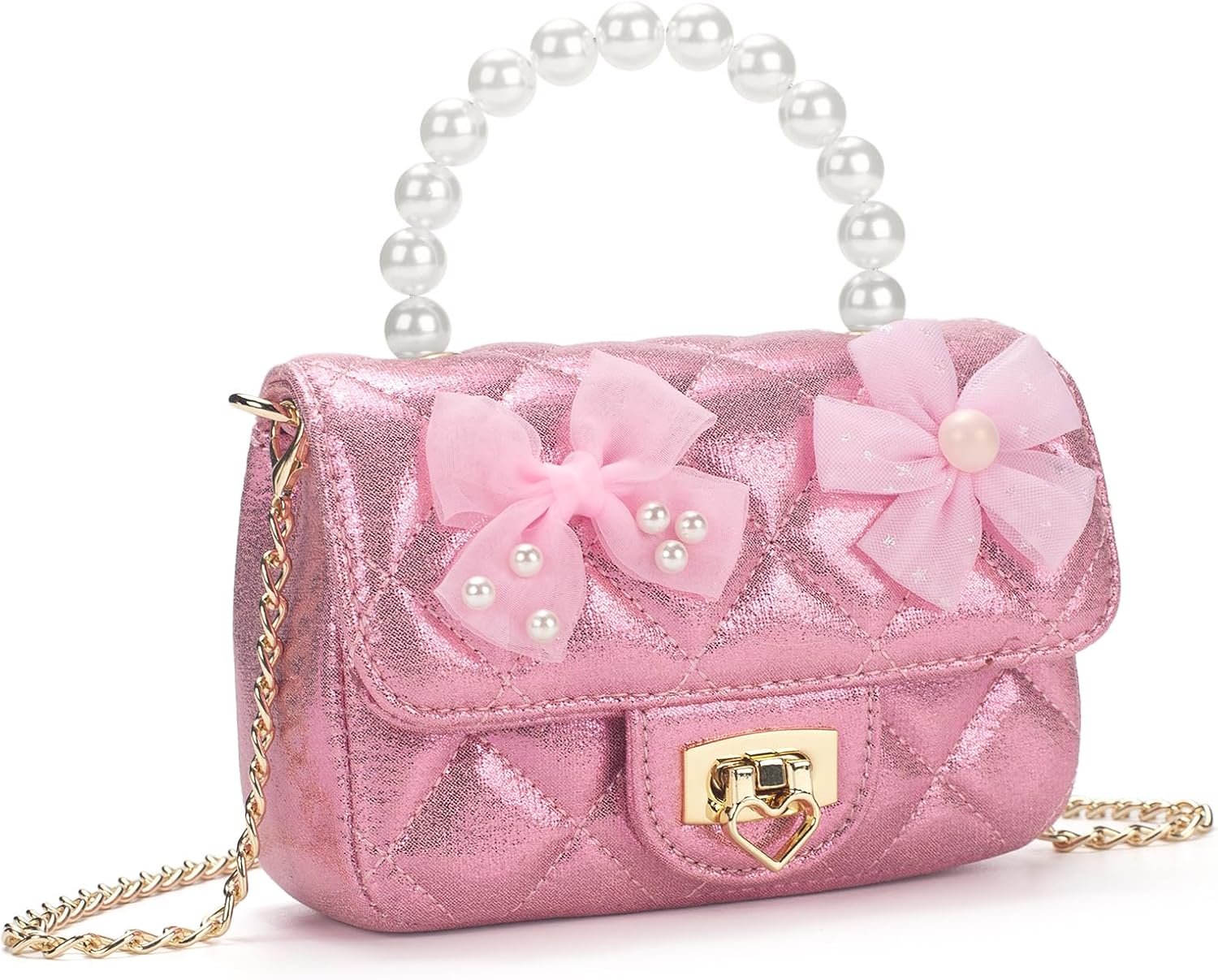 Kids Purse for Toddler, Pink Purse with Pearl Handle, Girls Crossbody Bag, Kids Handbag with Chain Strap, Birthday Gifts for Girls