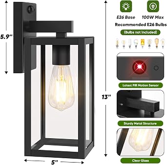 BesLowe Upgraded Motion Sensor Outdoor Wall Light, 13 Dusk to Dawn Porch Light Outdoor Wall Sconce Lantern, 3 Lighting Modes Exterior Lighting Fixture Wall Mount, Outside Light for House, Black