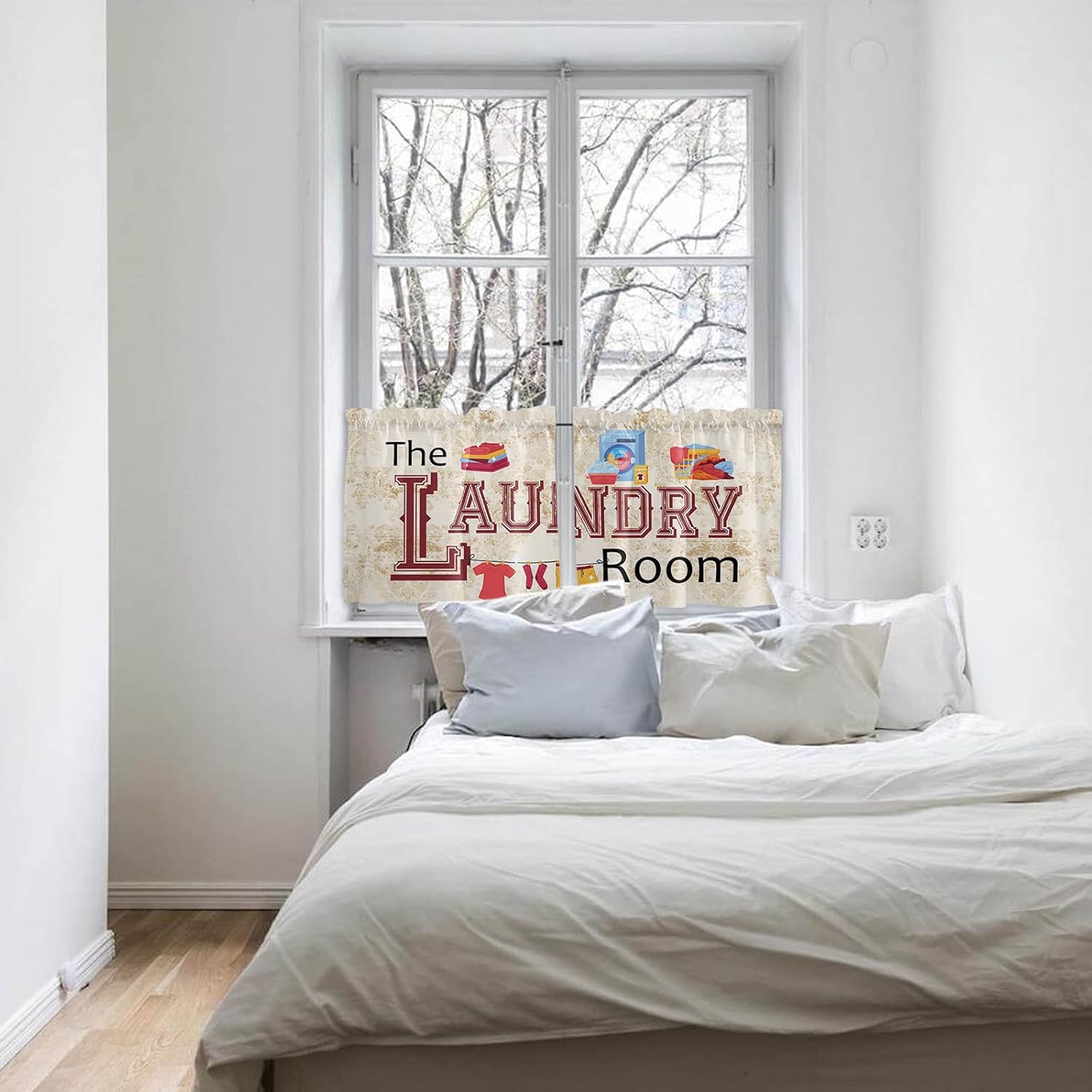 Laundry Room Window Tier Curtain 36 Inches Long Set of 2 Panels, Rustic Farmhouse Half Windows Rod Pocket Kitchen Curtains Retro Floral Brown Yellow Small Kitchen Drapes for Bathroom Cafe 55''x36''