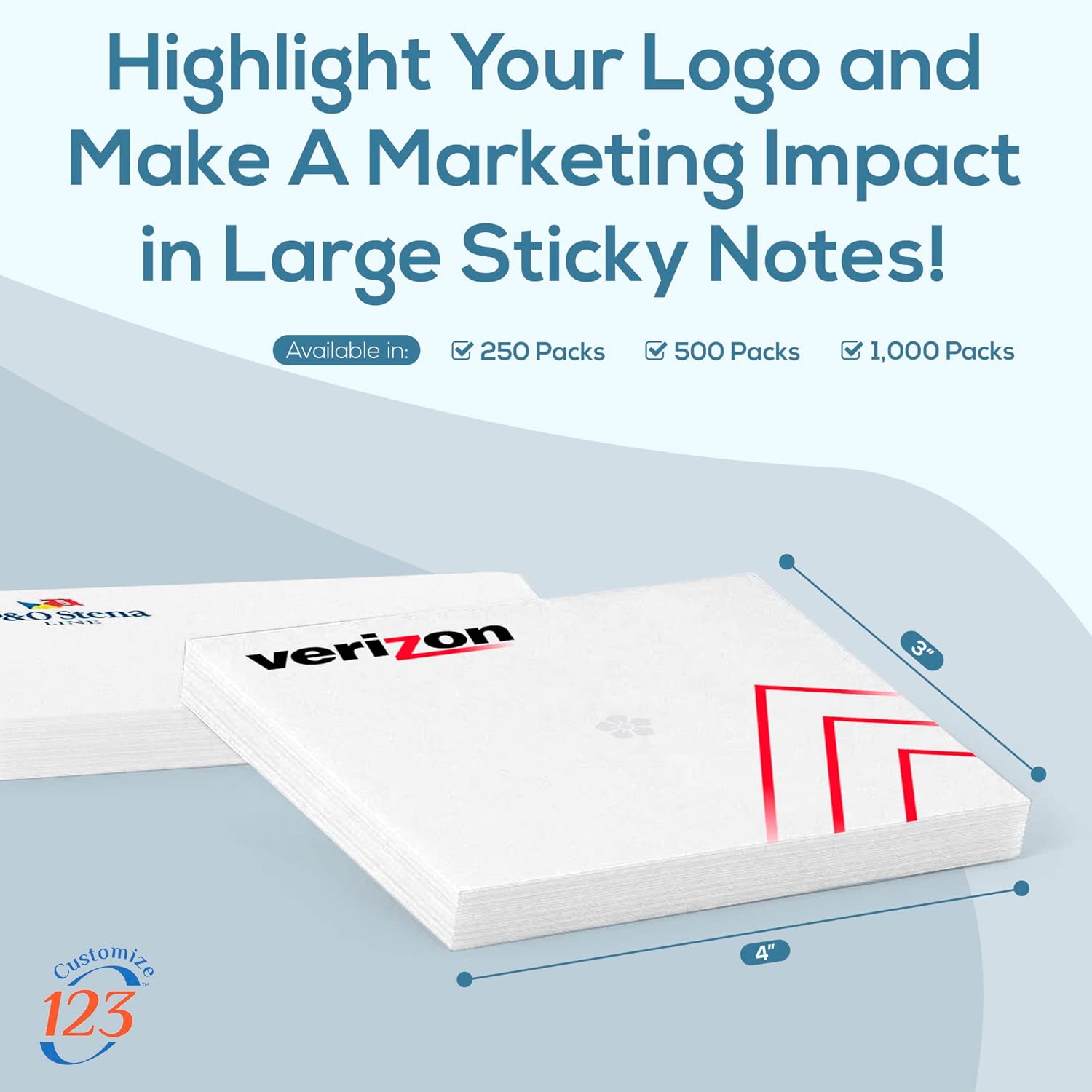 Personalized Sticky Notes 4" x 3" with Text or Logo, Adhesive Notepad, 25 Sheets, Custom Note Pads, to Do List Memo Pads, for Office, School, Business Marketing or Party Supplies, 250 Qty