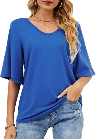 Hount Womens Casual Blouse Summer Loose Fit Tops V neck 3/4 Bell Sleeve Shirt