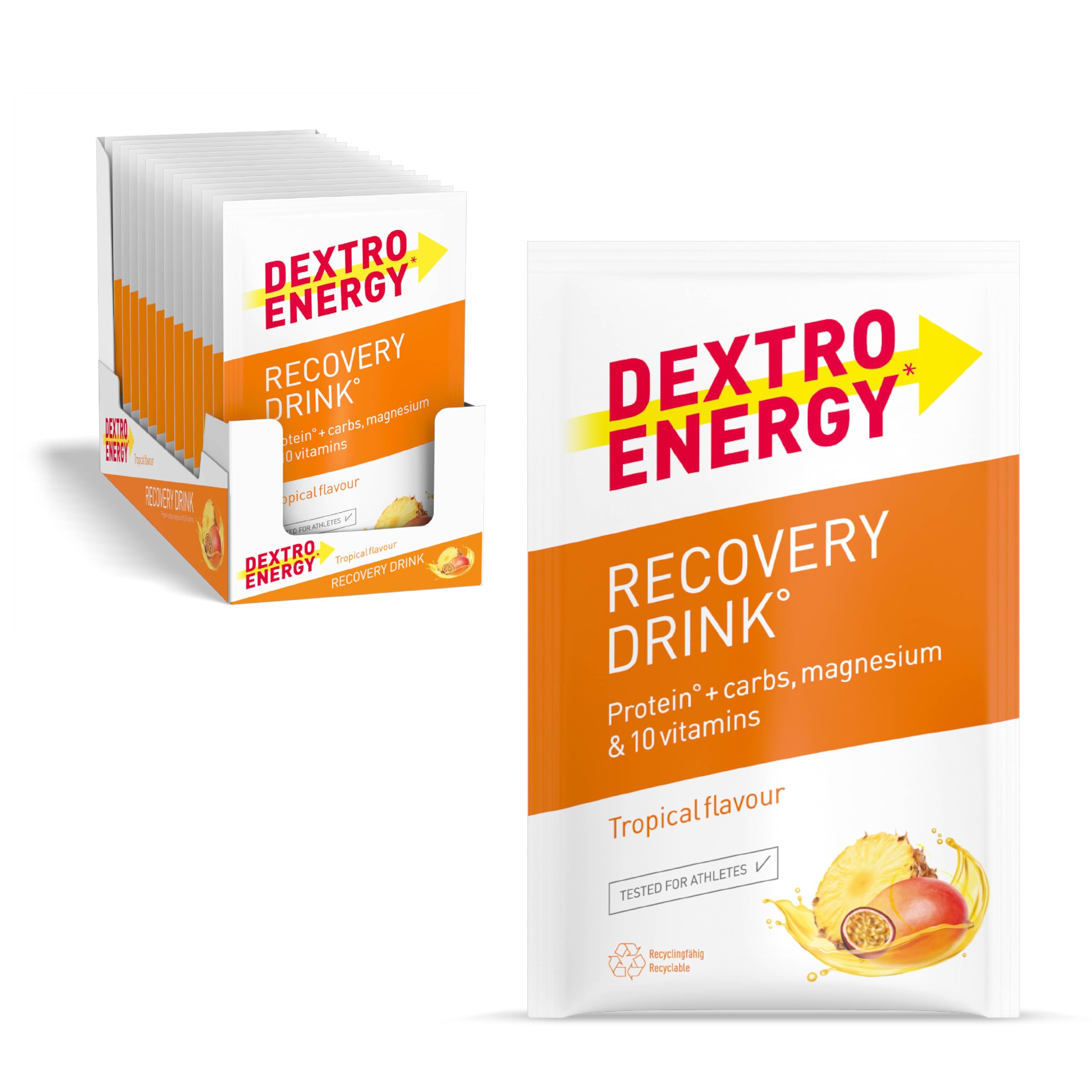 Dextro Energy Recovery Drink Tropical - 14x44,5g (14 Stück), Elektrolyt Pulver mit Magnesium, Vitamin E, C, B1, B2, B3, B6, B12, Folsäure, Pantothensäure, 3:1 Kohlenhydrat Protein Mix, Regeneration