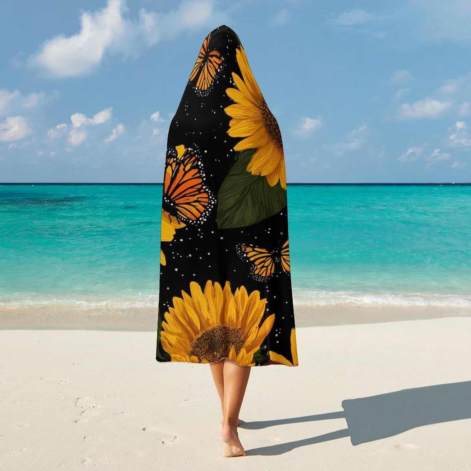 Sunflower Floral Butterfly Wearable Blanket Oversized Throw Cape | Cozy Hooded Blanket Gifts for Women Men