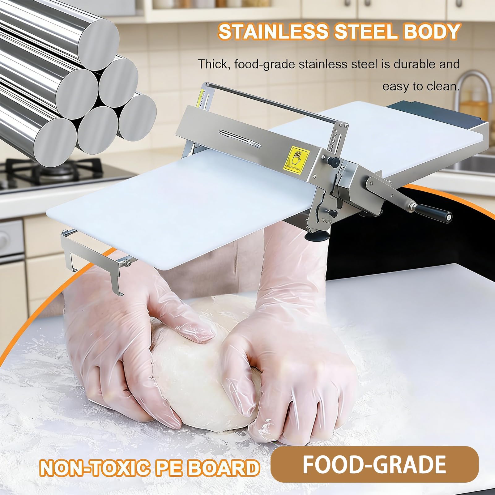 Klappbare Teigausrollmaschine Manueller Teigwalzer mit Einstellbarer Dicke 0-25 mm, Edelstahl, für Pizzateig, Blätterteig, Croissants - für Private und gewerbliche Bäckereien