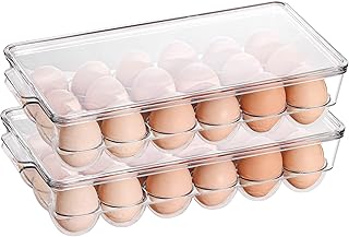 Sooyee 2 Pack Egg Holder for Refrigerator, Plastic Egg Storage Container, Fridge Egg Organizer, Clear Refrigerator Organizer Bins with Lids, Stackable Tray Holds 18 Eggs