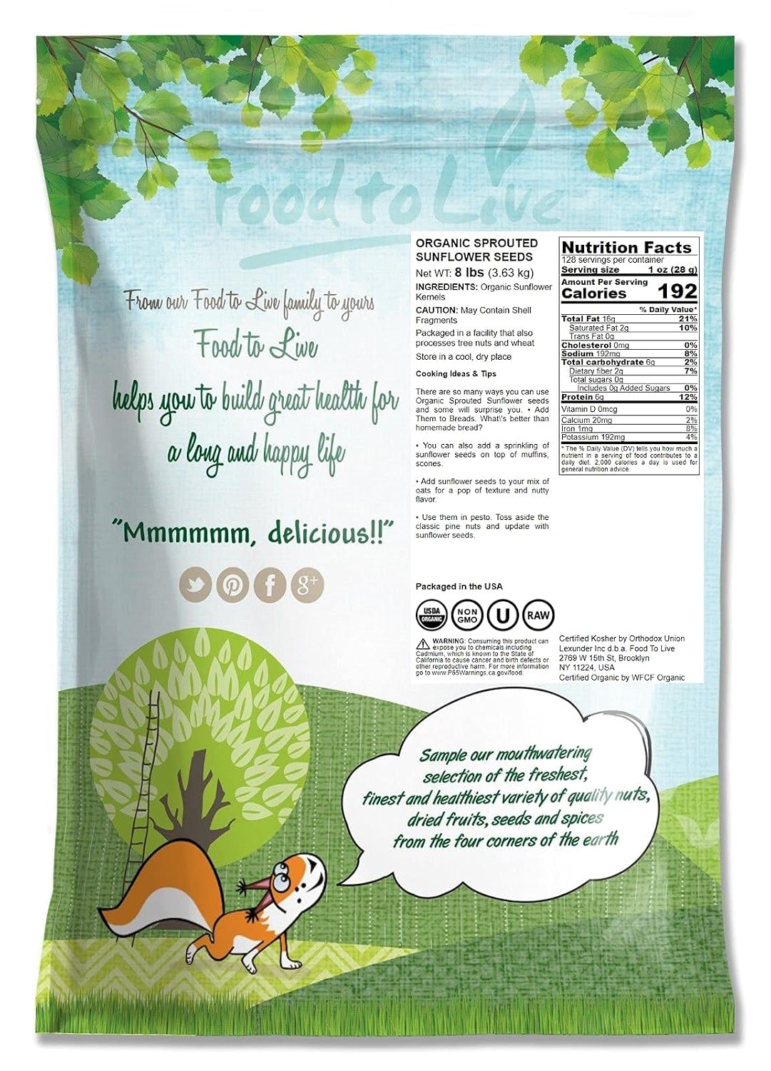 Food to Live - Organic Sprouted Sunflower Seeds, 8 Pounds - Non-GMO, Kosher, No Shell, Unsalted, Raw Kernels, Vegan Superfood, Sirtfood, Bulk