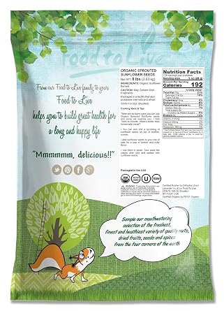Food to Live - Organic Sprouted Sunflower Seeds, 8 Pounds - Non-GMO, Kosher, No Shell, Unsalted, Raw Kernels, Vegan Superfood, Sirtfood, Bulk