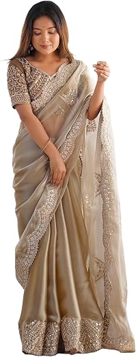 Satrani Women's Tissue Silk Sequin Embroidery Scalloped Border Saree with Unstitched Blouse Piece
