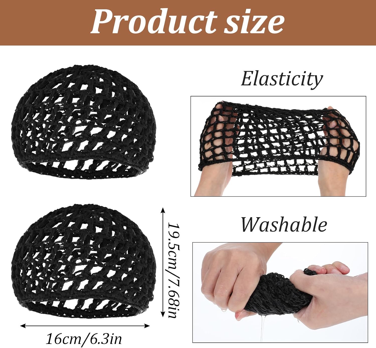 Hair Net for Women 2 Pack Stretchy Mesh Snood Hair Wrap Cap Crochet Bonnet