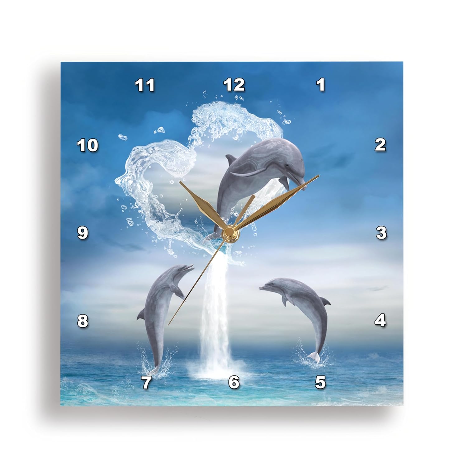 3dRose Wall Clock Silent - 10 inch - A Dolphin Jumps Out of a Water Heart into The Ocean - Simone Gatterwe Designs Sea Life