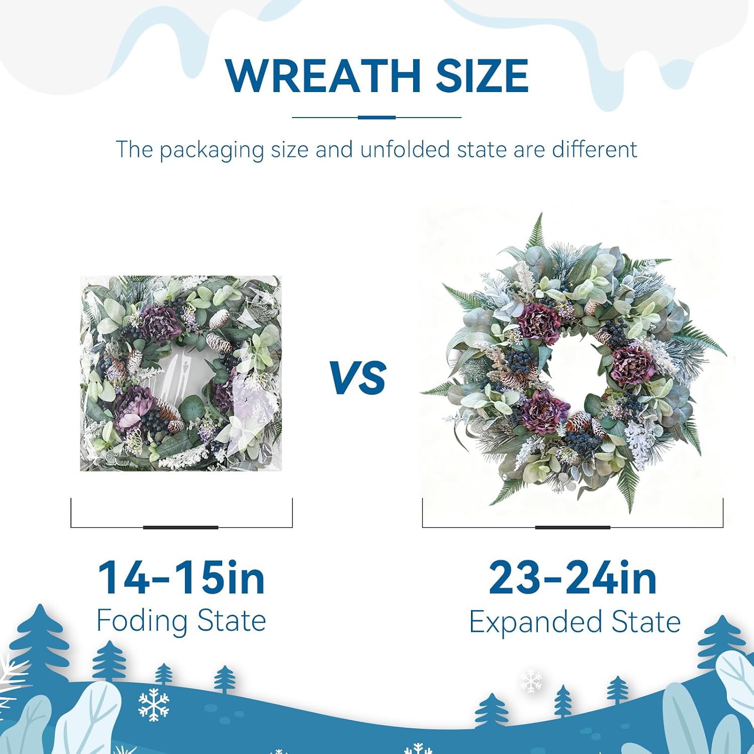 Winter Wreath for Front Door, 24 Inch Christmas Snow Covered Artificial Door Wreath with Purple Peonies, Green Leaves, Pine Cones and Berries, Winter Decor for Indoor or Outdoor