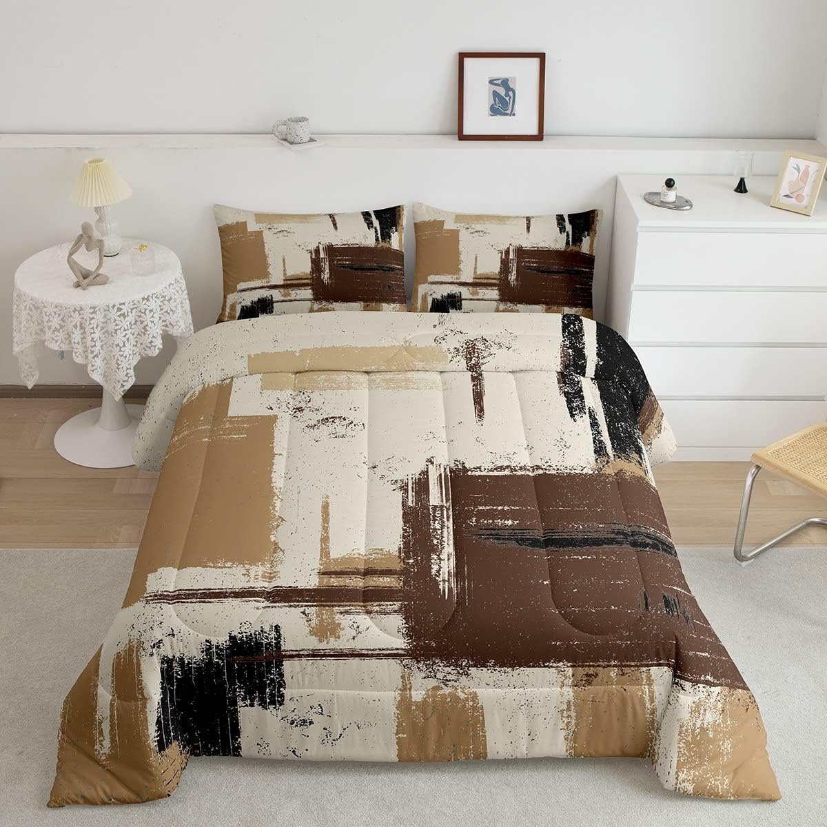 Feelyou Abstract Bedding Set Comforter Set for Kids Boys Girls Teens Room Decor Modern Abstract Art Comforter Grey Brown Black Duvet Set 3Pcs Full Size
