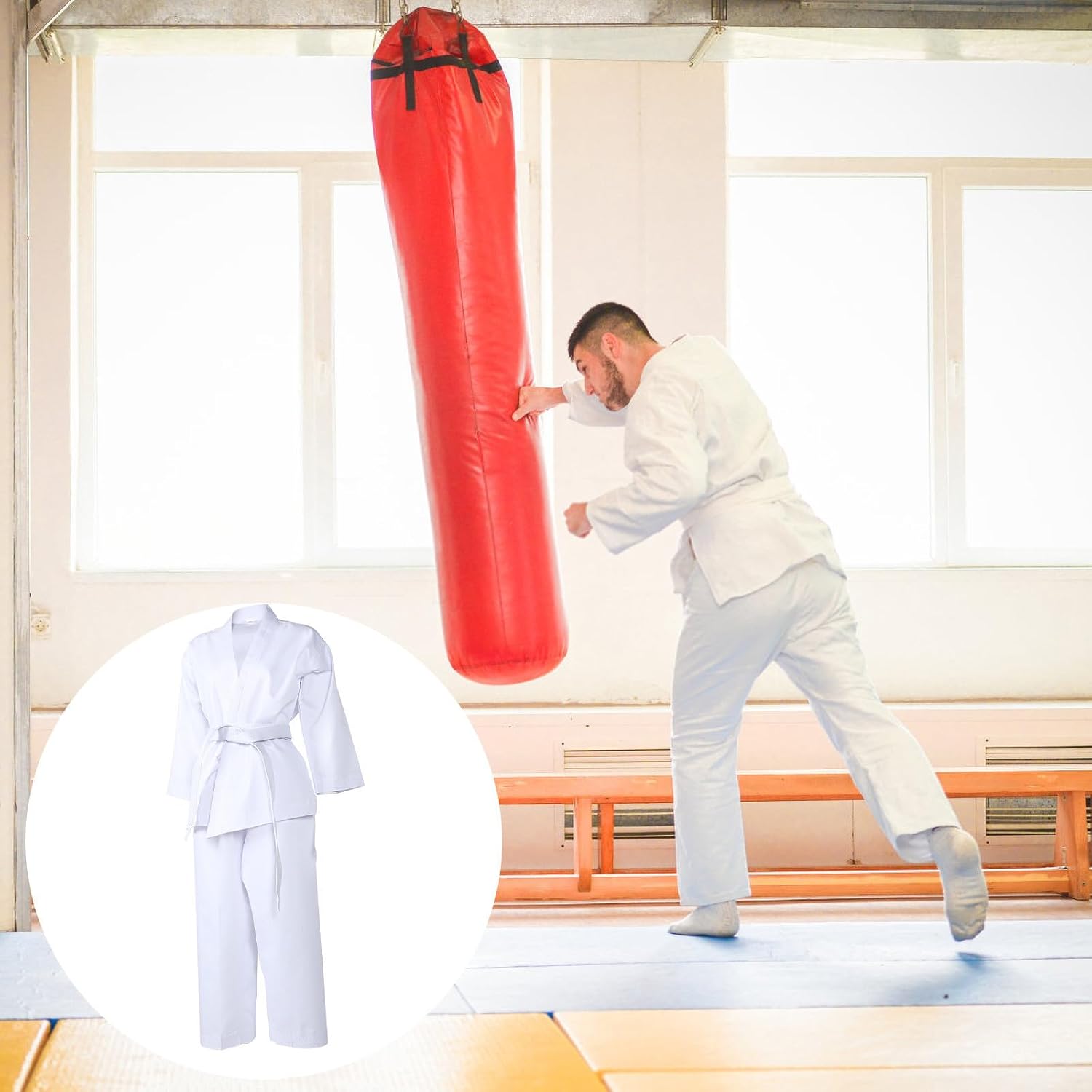 White Karate Uniform Martial Arts Training and Competition Outfit for Adults with Drawstrings on Pants, Reusable Polyester