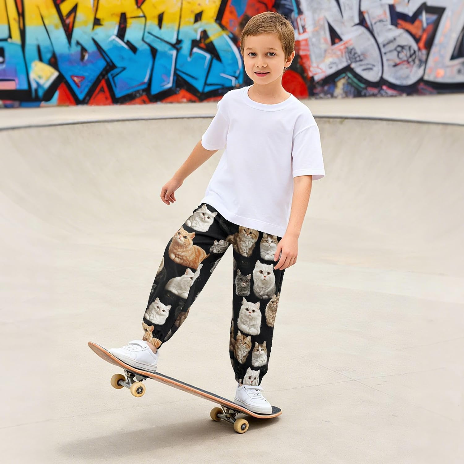 Boy Sweatpants Cat Colorful Animal Joggers Casual Athletic Pants Kids Elastic Waist Cuffed with Pockets