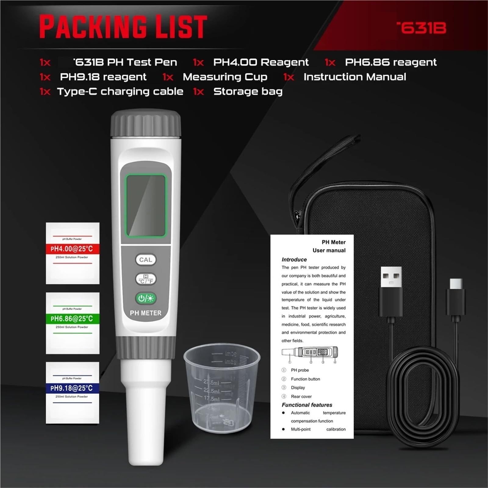 Testeur d'eau, Testeur de pH numérique avec ATC, Stylo testeur de pH Haute précision, testeur de qualité de l'eau for la consommation Domestique et l'aquarium(631B)