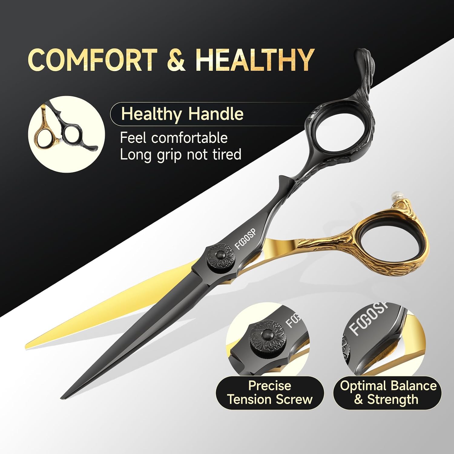 Professional Hair Scissors 6” Barber Scissor Japan 440C Hair Stylist Cutting Scissors Barbers Texturizing Shears Set for Men and Women (Black&Gold, 6in Striaght)