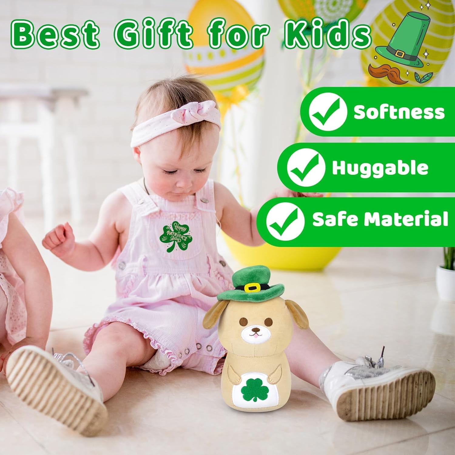 St.Patricks Day Stuffed Animal,Cute Puppy Stuffed Animal with Green Hat & Clover,St.Patricks Day Gifts for Kids Boys Girls