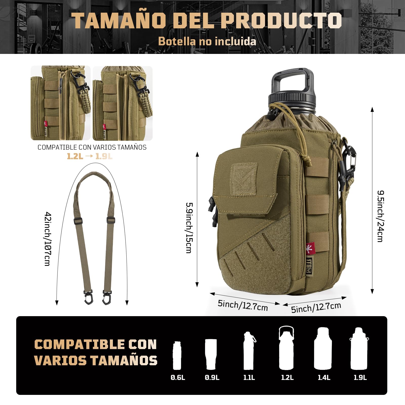 Bolsa Porta Botella Magnética para Gimnasio 1–2L – Funda para Botella con Clip Magnético Fuerte, Bolsillo para Móvil, Correa Ajustable, Acolchada (sin botella)