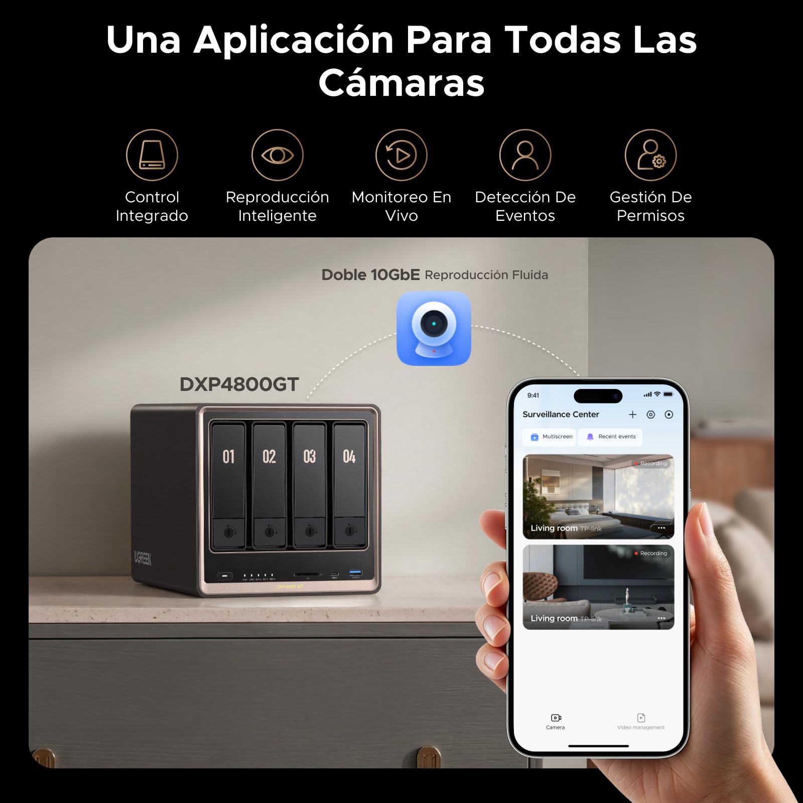 UGREEN NASync DXP4800 GT NAS 4 bahías, Dual LAN 10GbE, CPU AMD Ryzen Embedded R2514, 8GB RAM, Support ECC, Ranura SD, Doble M.2 NVMe, HDMI 4K, Centro vigilancia (Sin Discos)