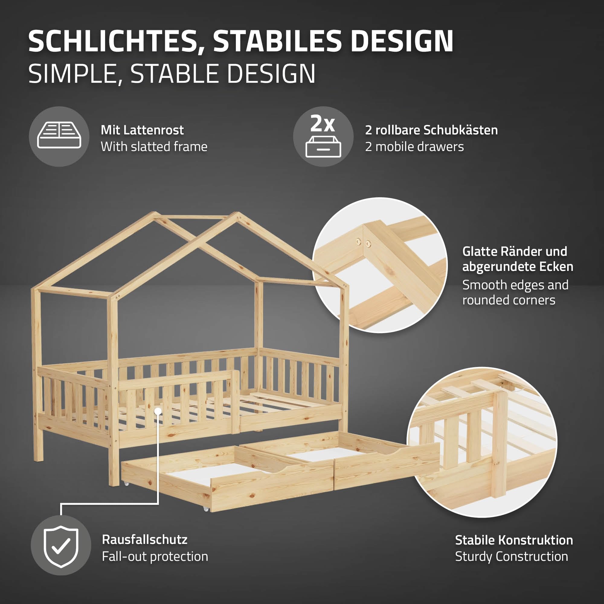 ML-Design Cama Infantil Casa 80x160 cm Madera Maciza Natural de Pino con Colchón, Casita Estilo Montessori con 2 Cajones, Somier de Láminas, Techo y Protección Anticaída, Cuna Baja de Suelo para Niños