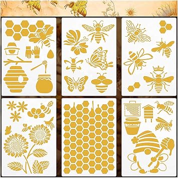 Bee Theme Stencils 6PCS - Reusable Honeycomb & Sunflower Painting Templates for DIY Wall Art, Furniture Painting, Floor Decor | PET Craft Stencils for Home Projects 11.7x8 Inch