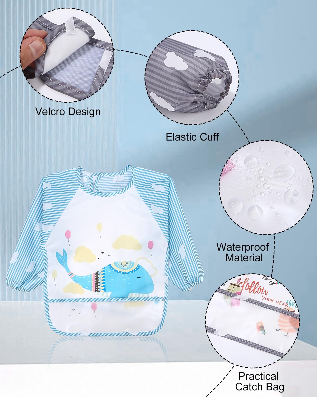 Conjunto de 5 Abero con Mangas Impermeable,Babero de Manga Larga de Bebé con Bolsillo Recoge Comida,con Mangas Impermeable Delantal de Bebé Lavables,para Pintar Artes Bebe Unisex 6 a 36 Meses
