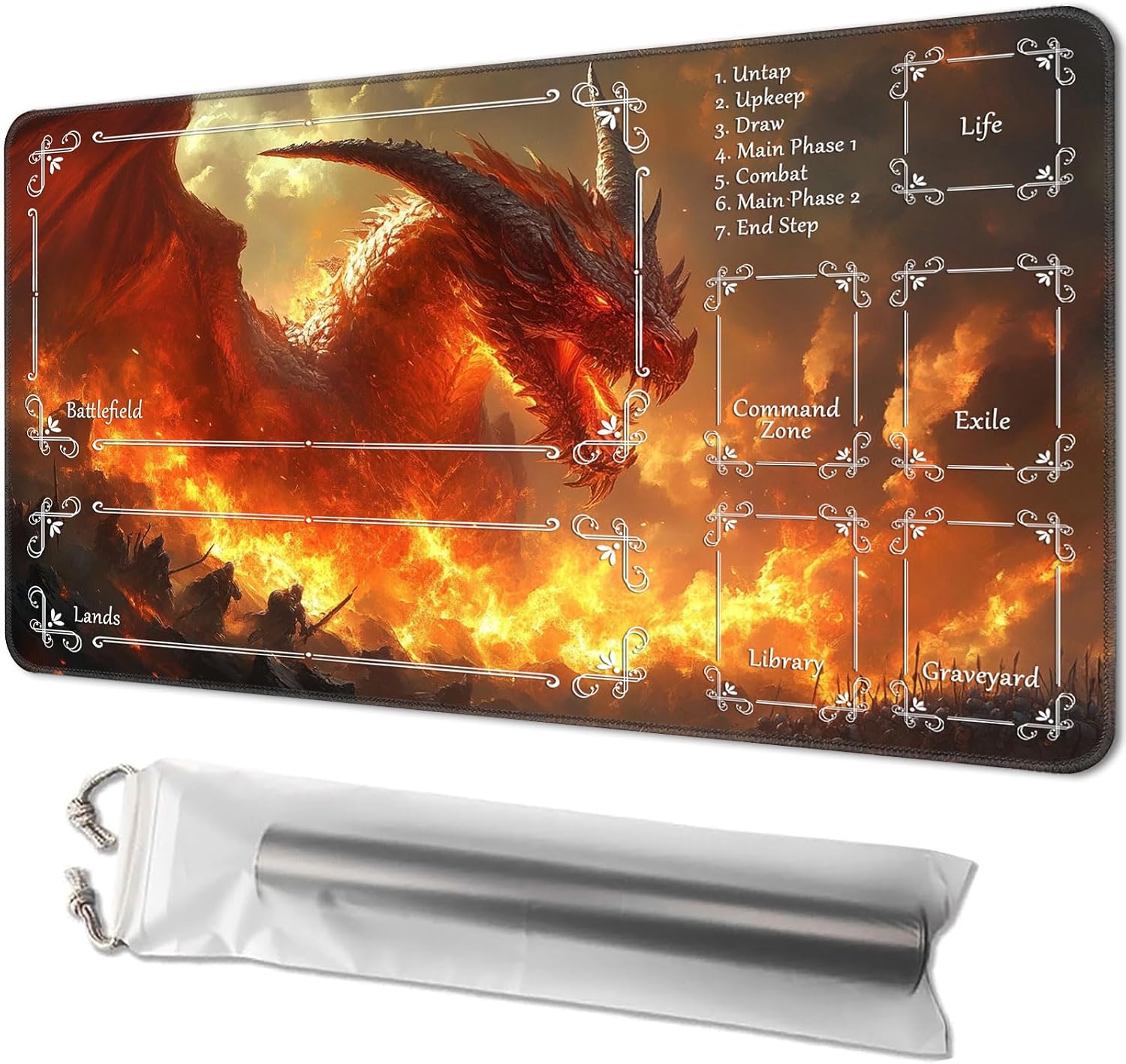 for MTG Playmat with Zones 24 x 14 Inches, Magic The Gathering Playmat with Storage Bag, Non-Slip Rubber Base TCG Playmat for MTG, Commander, Lorcana, Red Dragon Breathing Fire
