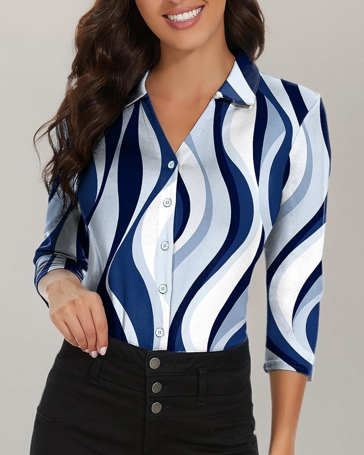 Soneven Womens 3/4 Sleeve Button Down Shirt V Neck Collared Polo Shirts Work Blouses