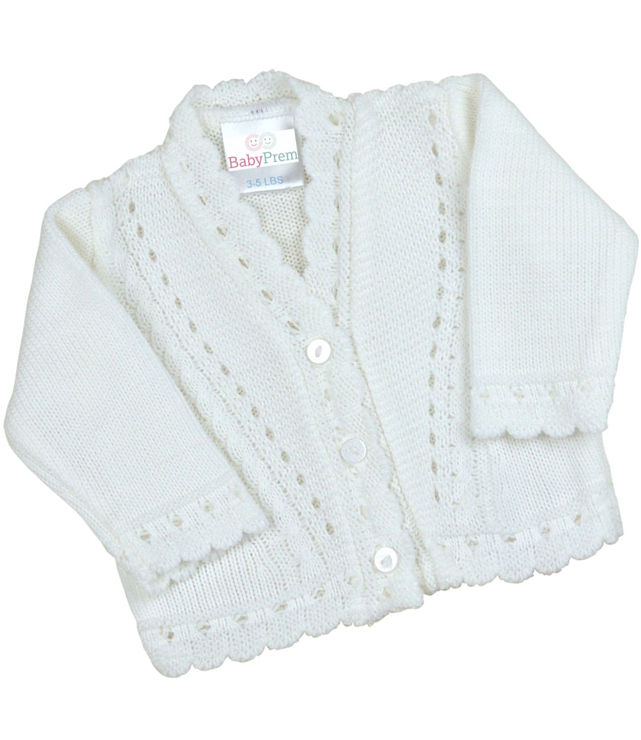 BabyPrem Premature Baby Cardigan Jacket Boy Girl Buttons V-Neck Long Sleeve Soft Knitted 5-8lb White 44-50cm