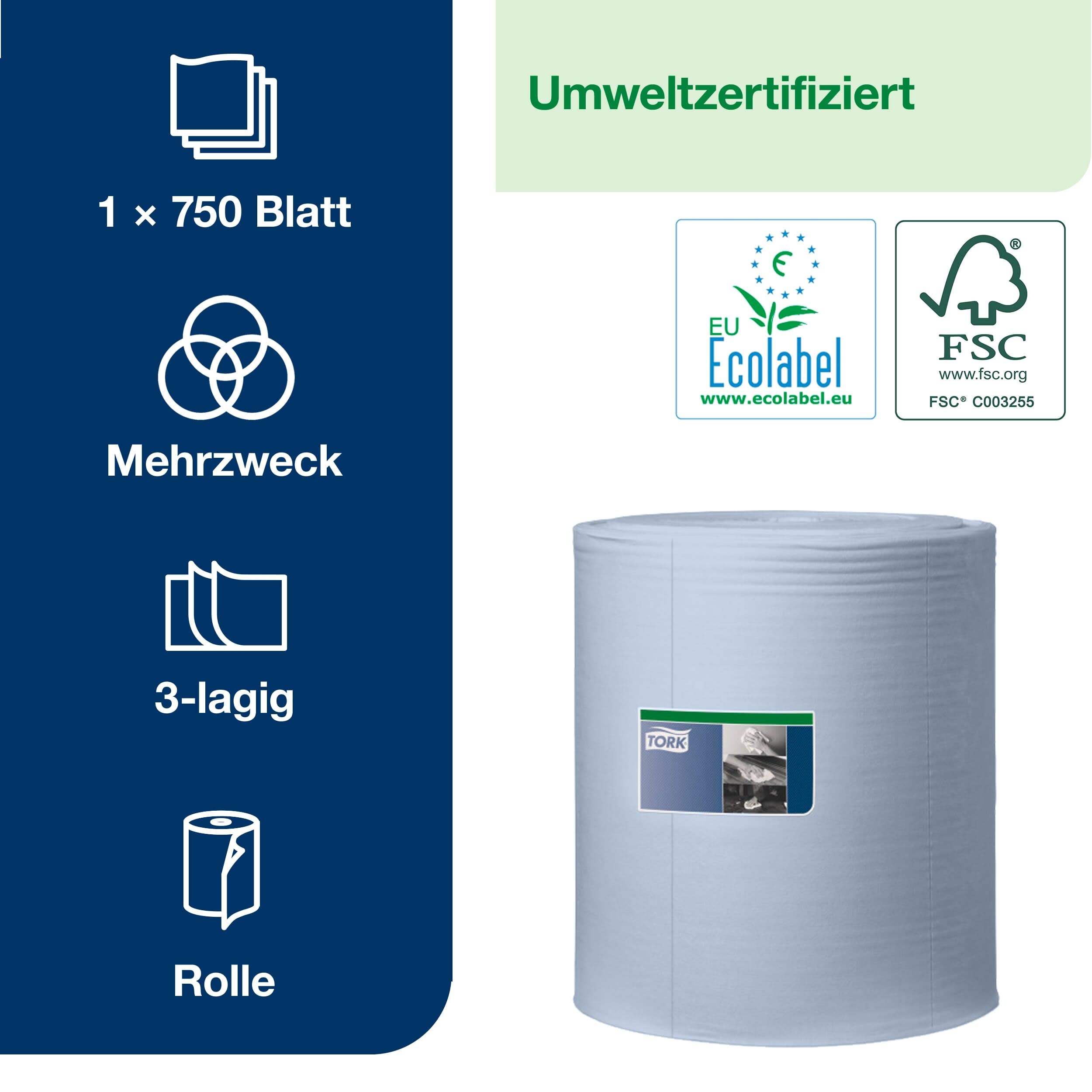 Tork Extra Starke Industrie Papierwischtücher Blau W1, Hohe Saugfähigkeit, 1 × 750 Blatt, 130080