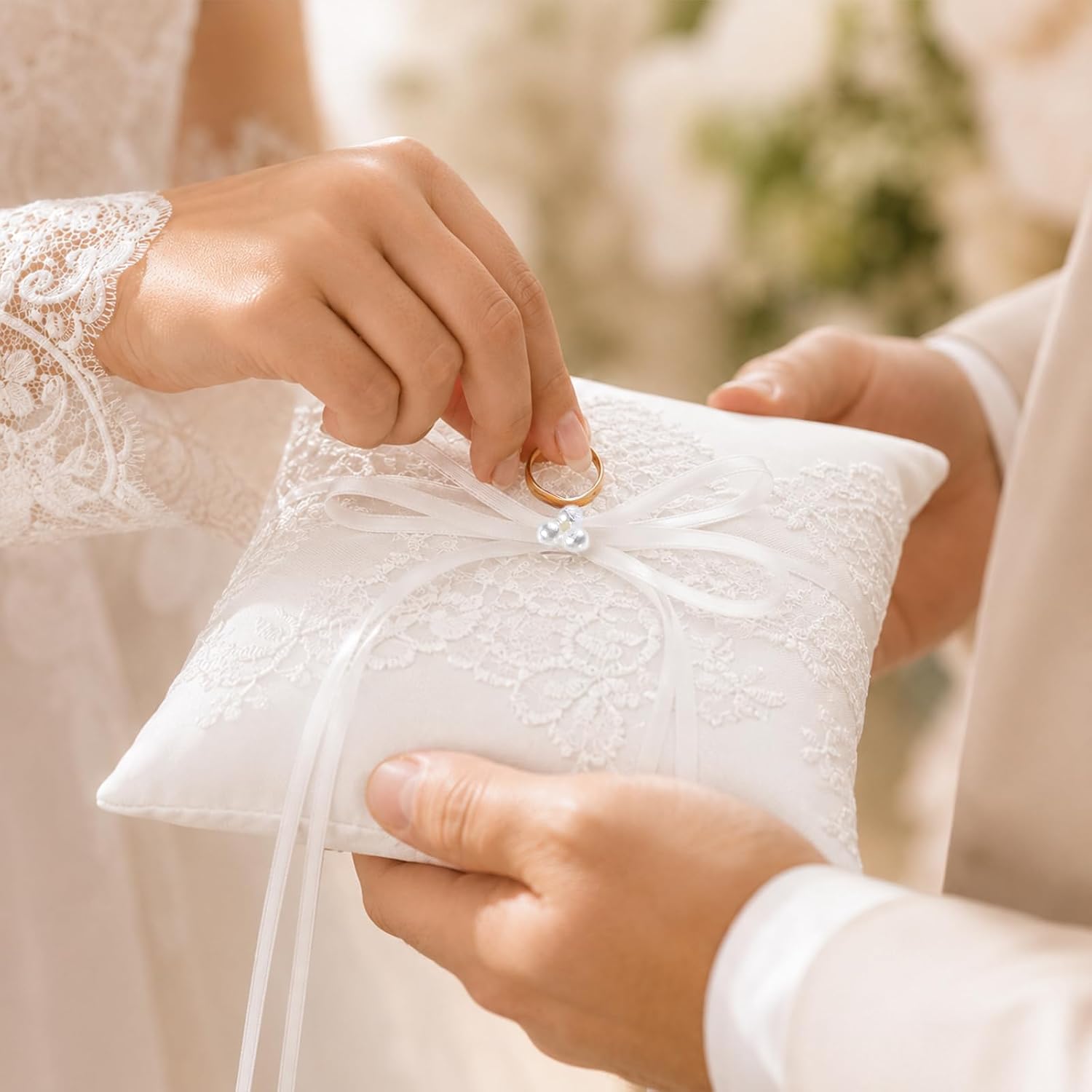 Wedding Ring Bearer Pillow, Weddings Ring Pillow with Lace Pearl, 7.48x7.1 Inch Ivory Rings Pillows for Weddings Ceremony, Polyester Fabric for Rings Bearer, Wedding Party and Anniversary