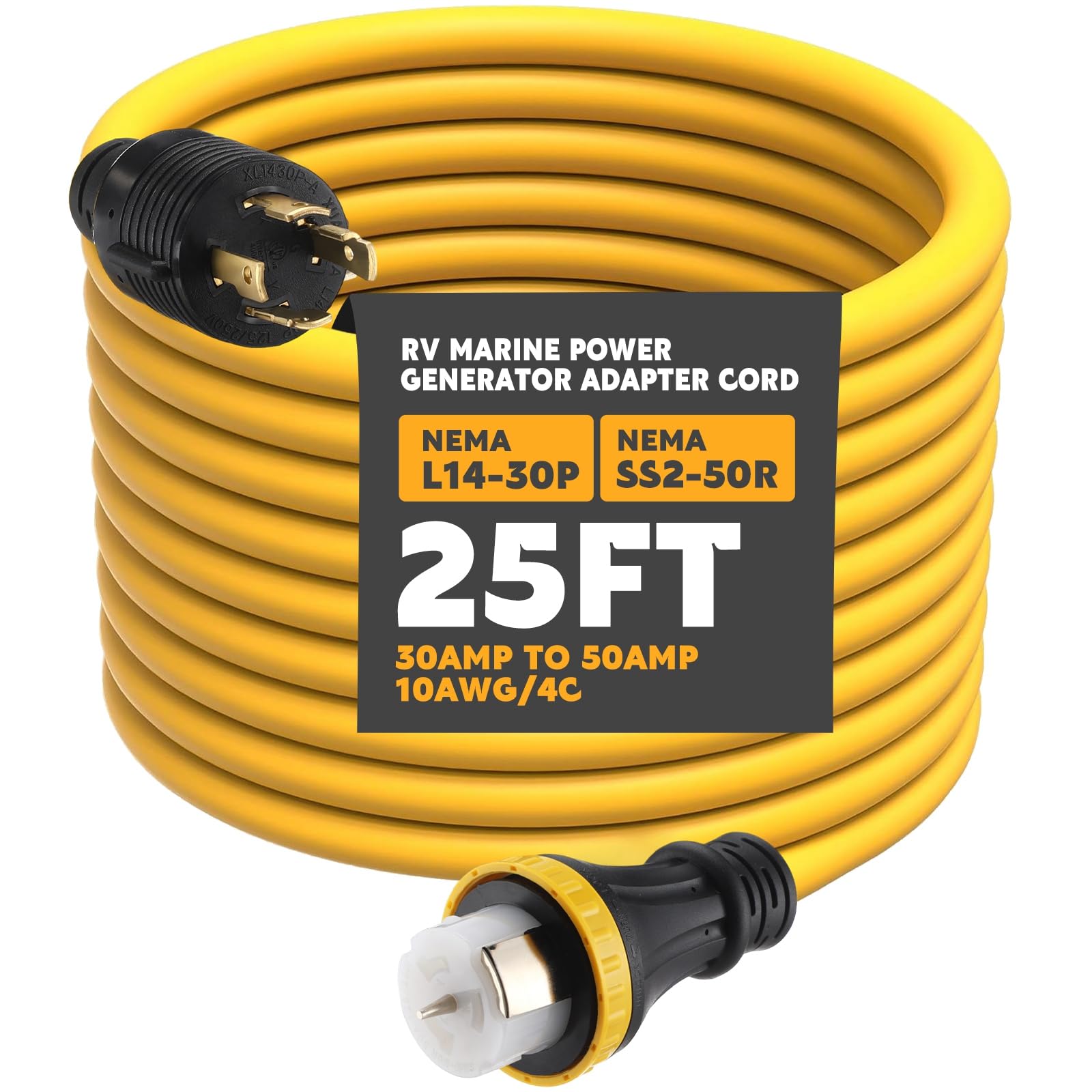 Photo 1 of Tellegloww 25FT NEMA L14-30P to SS2-50R RV Marine Power Generator Adapter Cord, 30A 4 Prong Locking Generator L14-30P Male to 50A Marine Shore Power SS2-50R Female with Locking Ring 125V/250V
