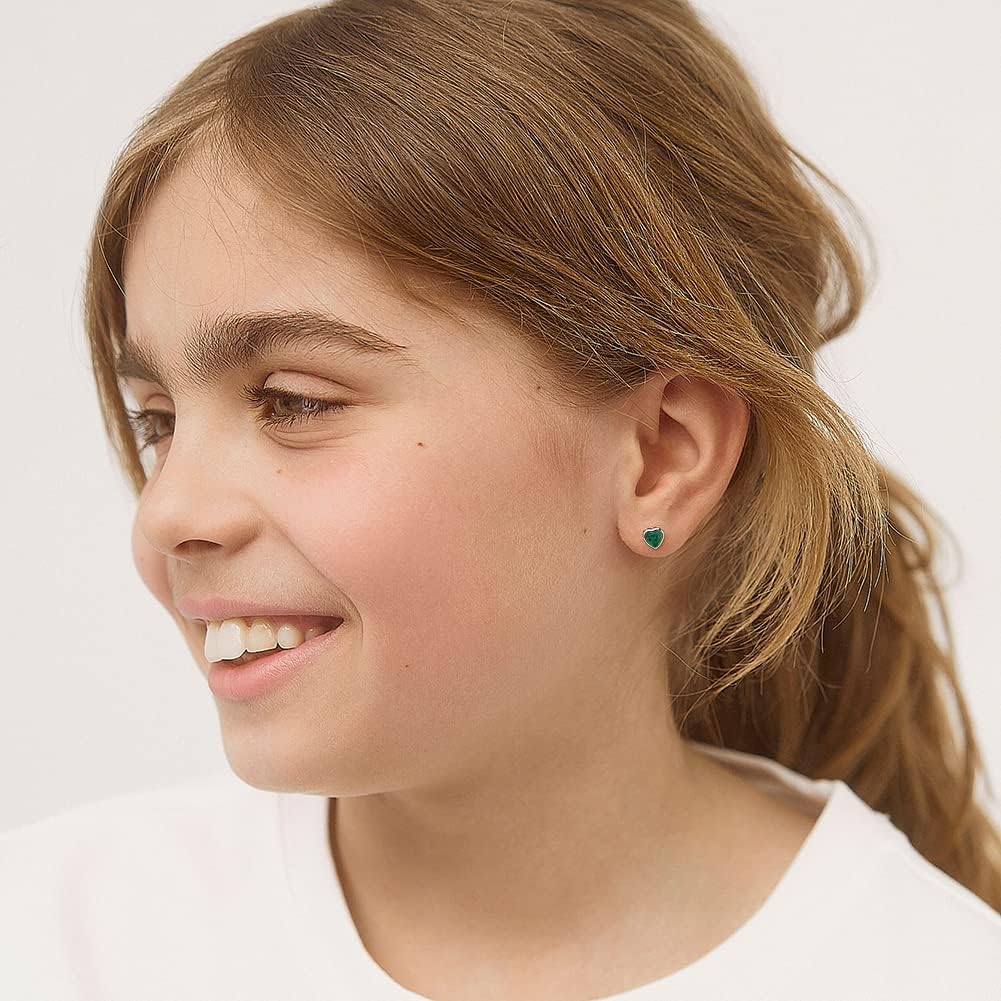 In Season Jewelry CZ Birthstone Heart Kids Earrings - 925 Sterling Silver Hypoallergenic Earrings for Girls with Secure Screw Backs - Safe & Comfortable for Toddlers, Kids & Little Girls