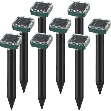 8 Pack Solar Powered Mole Repellent, Ultrasonic Outdoor Pest Repeller for Lawns & Gardens - Waterproof, Chipmunk, Vole, Gopher, Groundhog, Snake Deterrent (Dark Green)