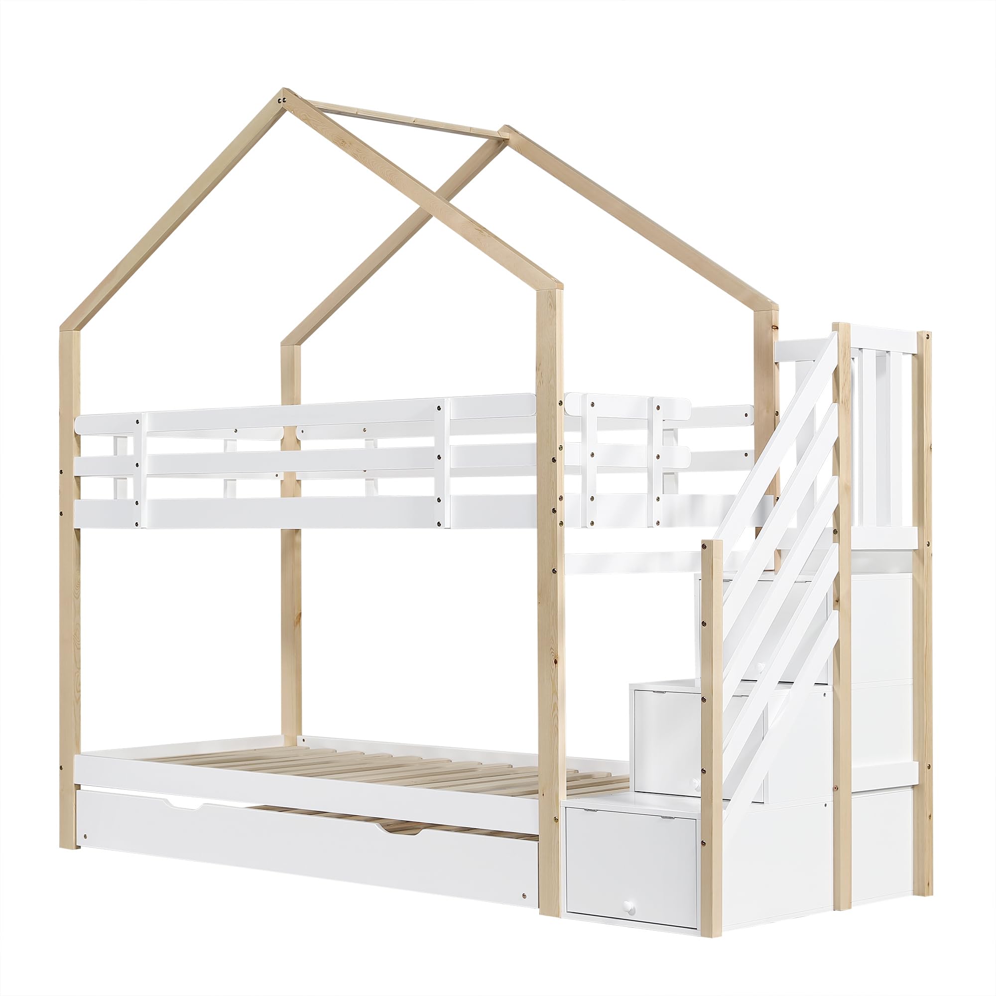 Rtopsu Letto per Bambini a Castello 90x200 cm con Letto Estraibile, Letto a Soppalco per Ragazzi con Scale e Contenitore Cassetti, Rete a Doghe in Legno, Bianco, Senza Materasso