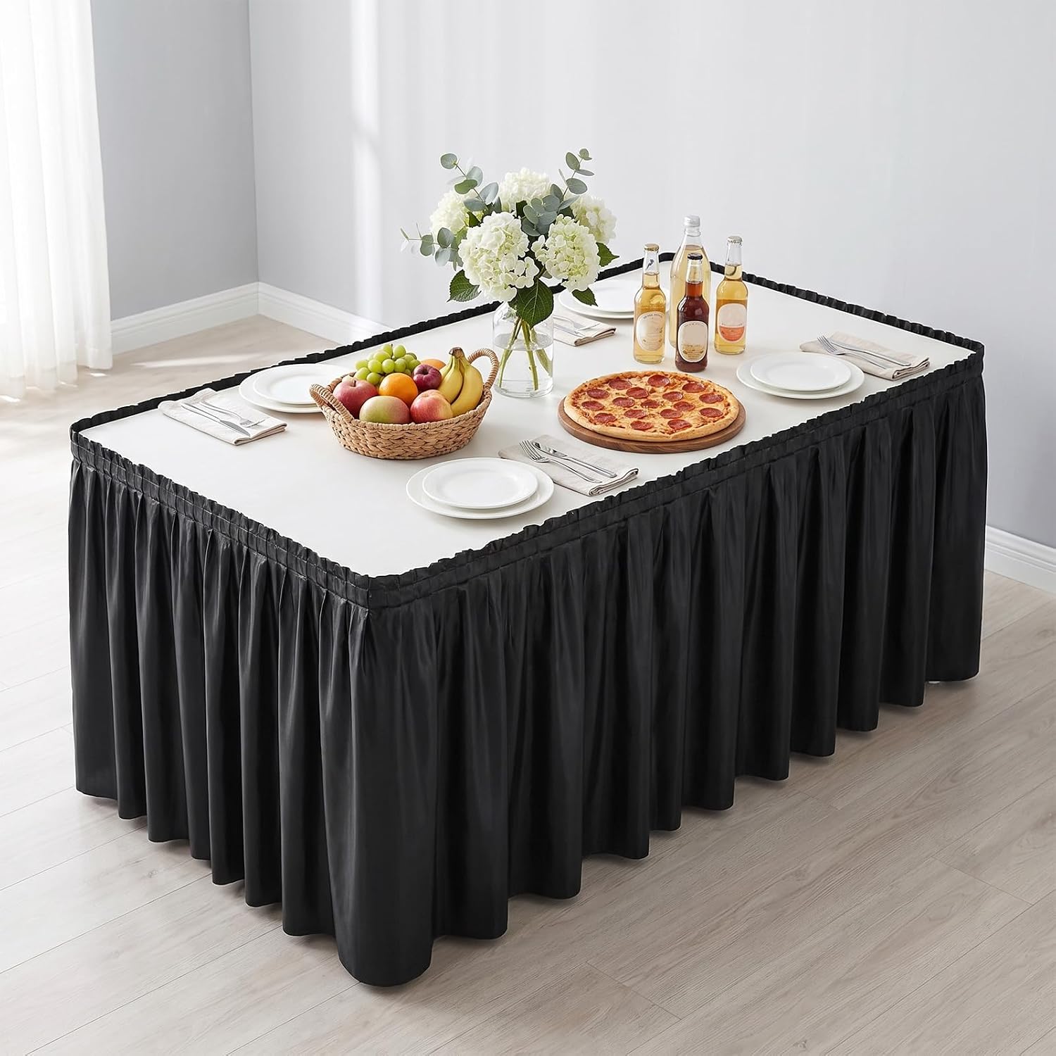 8 Pack Black Plastic Table Skirts, Plastic Disposable Table Skirts (29 x 168 Inch)