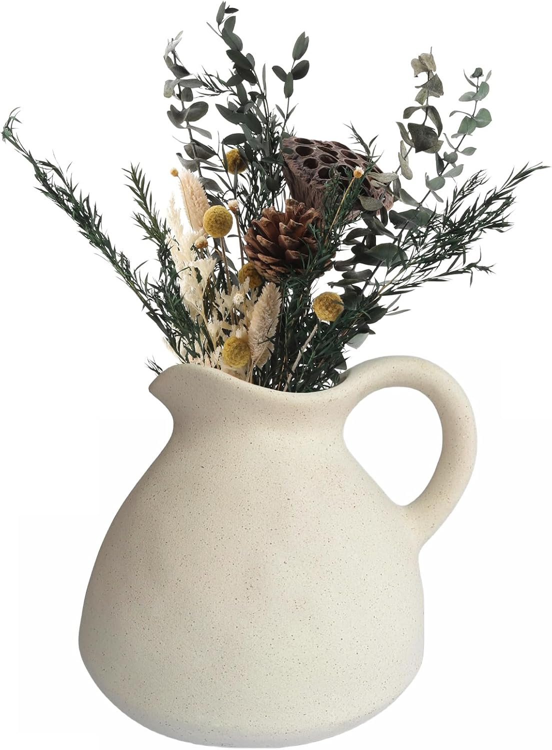Rustic Ceramic Pitcher Vase with Handle, Antique Farmhouse Matte Textured Plain Neutral Unfinished Rough Clay Jug Pottery Vases for Home Decor…