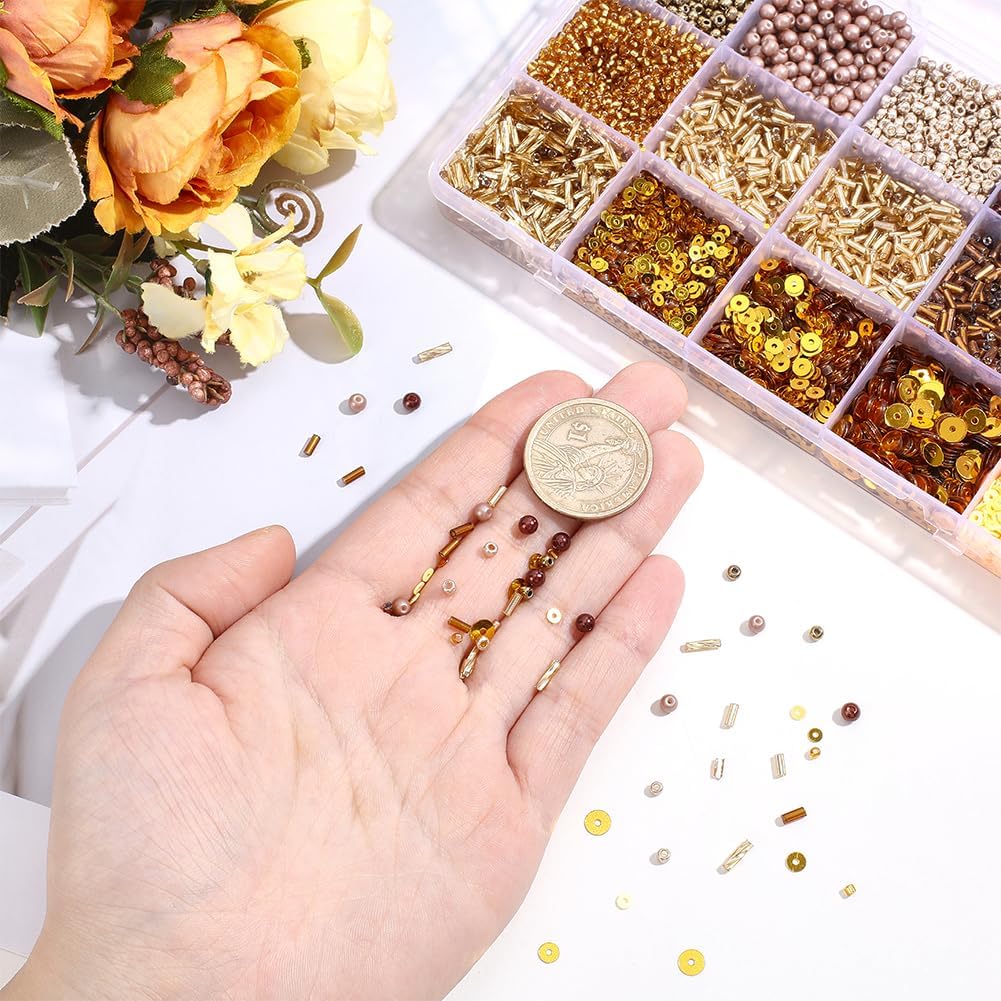 1 Box Glass Seed Bead Kit Twist Tube Bugle Gold Flat Round Plastic Disc Paillette Assorted Acrylic Spacer Loose Bead Bulk for Jewelry Making Necklaces Bracelets Earrings DIY Craft Supplies